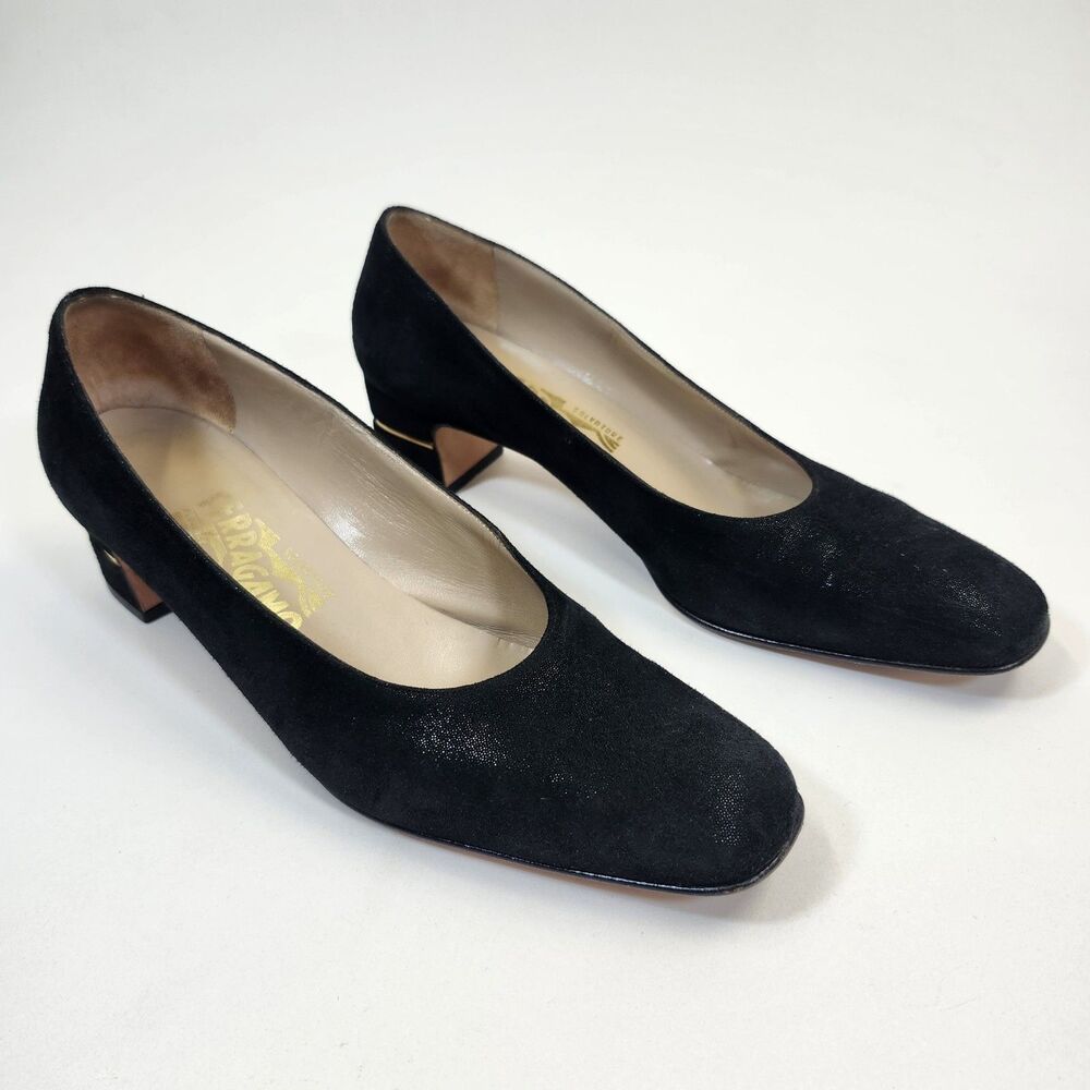 Salvatore Ferragamo Black Suede Pumps Women’s 9 2A Narrow Block Heel Italy VTG